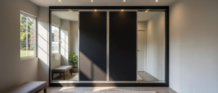 Black and mirror sliding door wardrobes in a London bedroom, made to measure