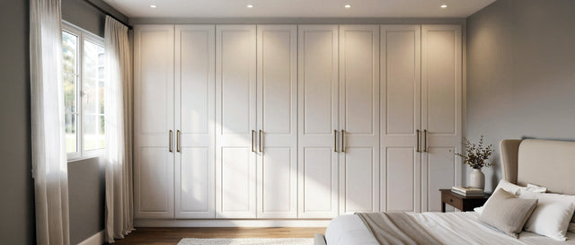 Cream shaker fitted wardrobes with slim bar handles along a sunlit bedroom wall, made to measure in London