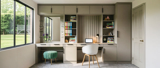 Sage fitted home office with a desk, fluted panel and shelving, made to measure in London