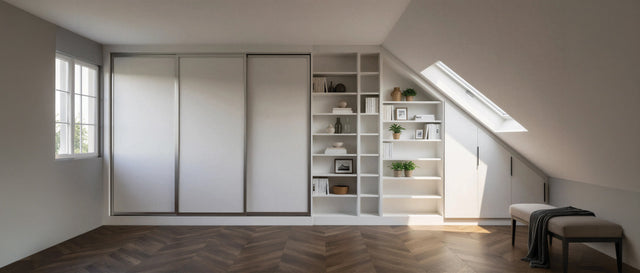 White loft wardrobes fitted under a sloping ceiling with a roof light, made to measure in London