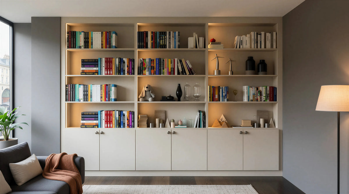 Blackwell Home Office in Cashmere Grey featuring fitted desk, slab door cabinets, open shelving and bespoke made-to-measure home office furniture by Metro Home Interiors.