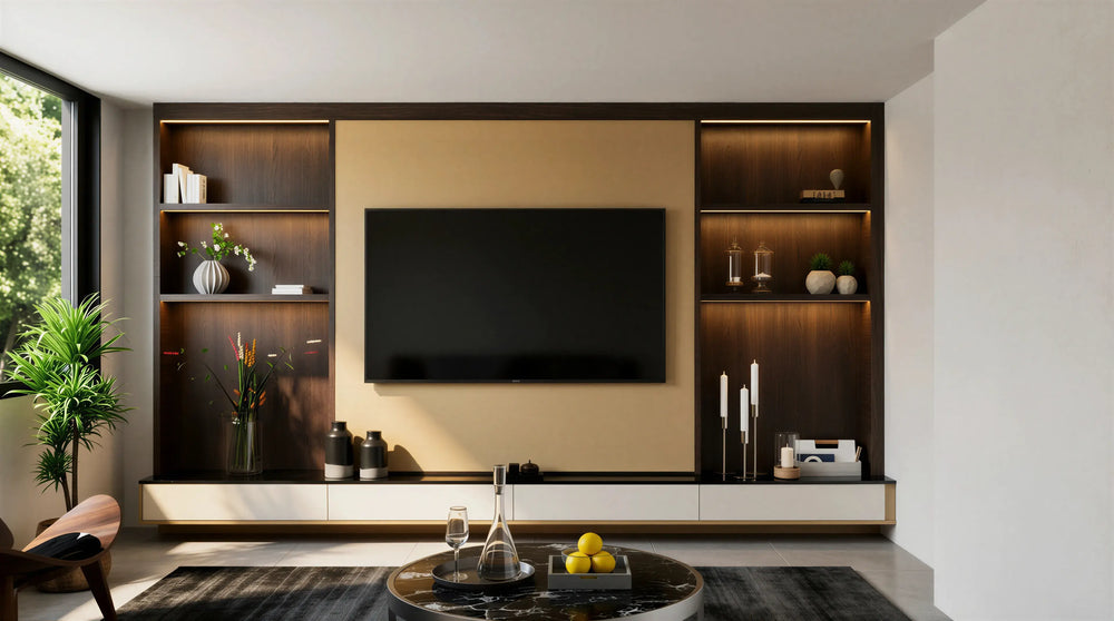 Aldwych Bespoke Media Unit in Fimashik Oak with Brown Abano Ash finish, handleless doors, soft-close cabinetry and made-to-measure fitted media storage by Metro Home Interiors in London.