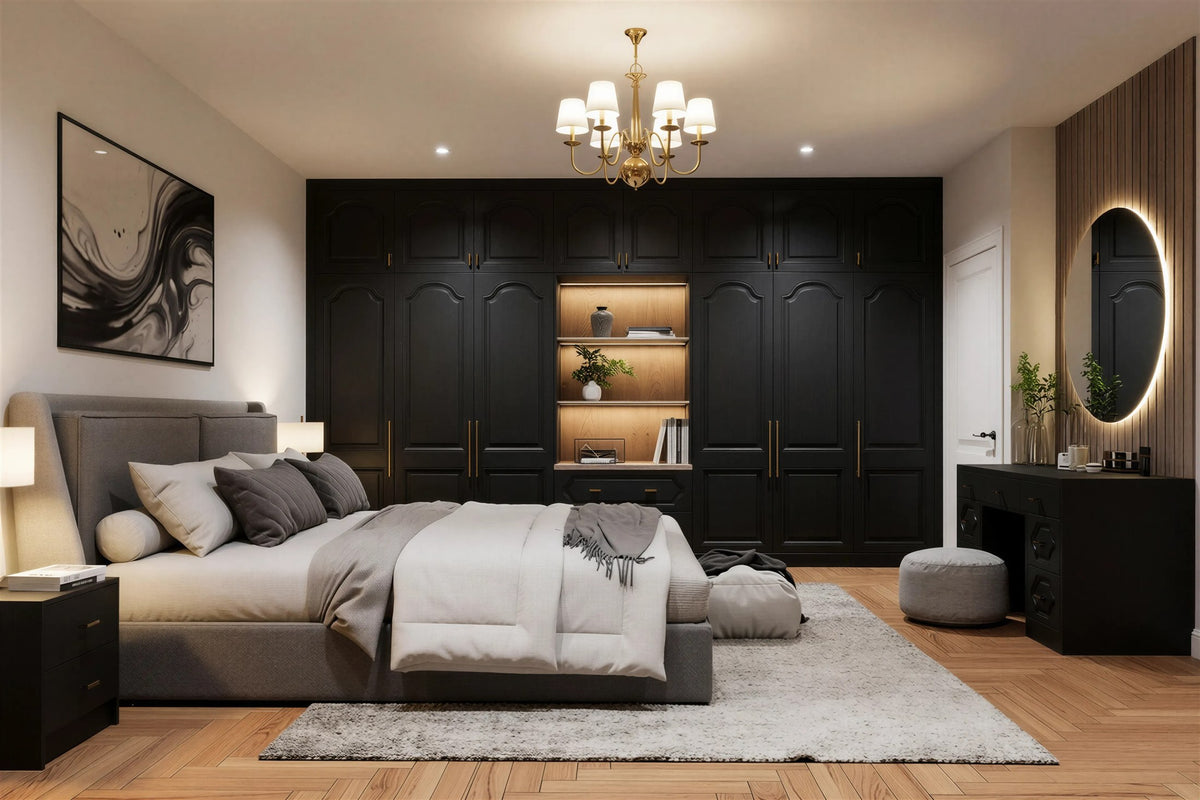 Black fitted wardrobes with arched Annabelle doors and brass pulls, floor to ceiling