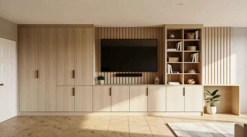 Ashcroft Bespoke TV Media Wall in Navarra Ash with slim black bar handles, integrated shelving, soft-close cupboards and made-to-measure fitted media storage by Metro Home Interiors in London.
