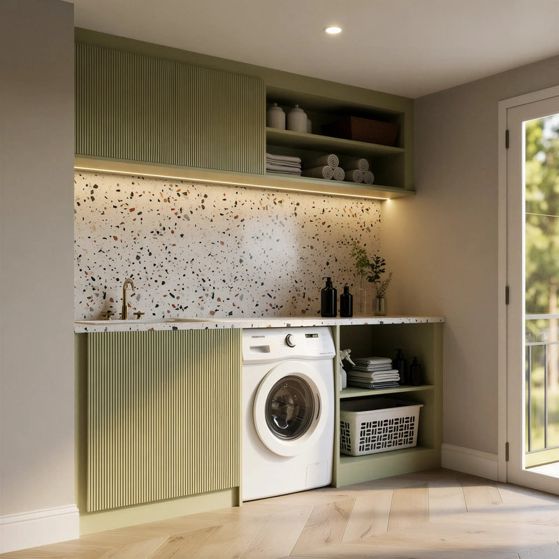 Balham fitted laundry room in London seen from the doorway: the sage fluted sink base, washer bay and open shelves under the terrazzo worktop, with the lit upper cupboard and shelves above. Made to measure by Metro Home Interiors