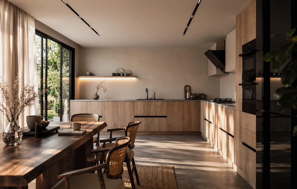 Barnes natural oak woodgrain handleless kitchen with black recessed grips, a black appliance tower and a dining table beside floor-to-ceiling glazing, London
