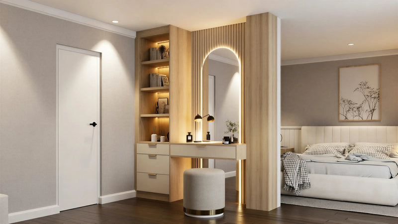 Bayswater dressing table in London seen from the bedroom door: the cream dressing table, lit shelves and arched mirror in the oak partition beside the bed. Made to measure by Metro Home Interiors