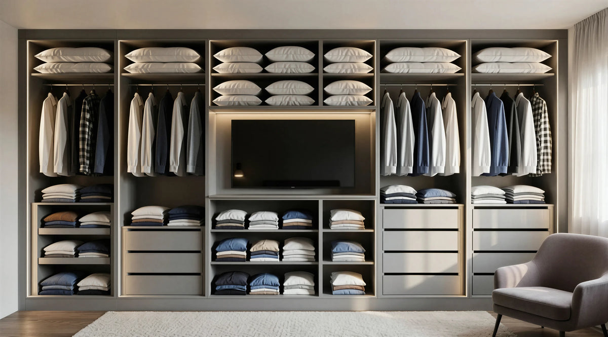 Beatrice Hinged Wardrobe in Cotta Cremona Oak featuring open fitted wardrobe storage, handleless drawers, hanging rails, shoe racks and bespoke bedroom furniture by Metro Home Interiors.