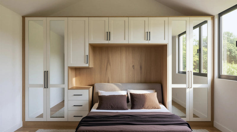 Bespoke Mirrored Shaker Over-Bed Wardrobe London featuring mirrored shaker doors, warm wood accents, integrated bedside storage and overhead fitted cabinets by Metro Home Interiors.
