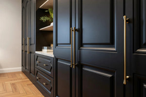Black Annabelle wardrobe doors close up — raised panels, brass bar pulls, shaped drawer fronts