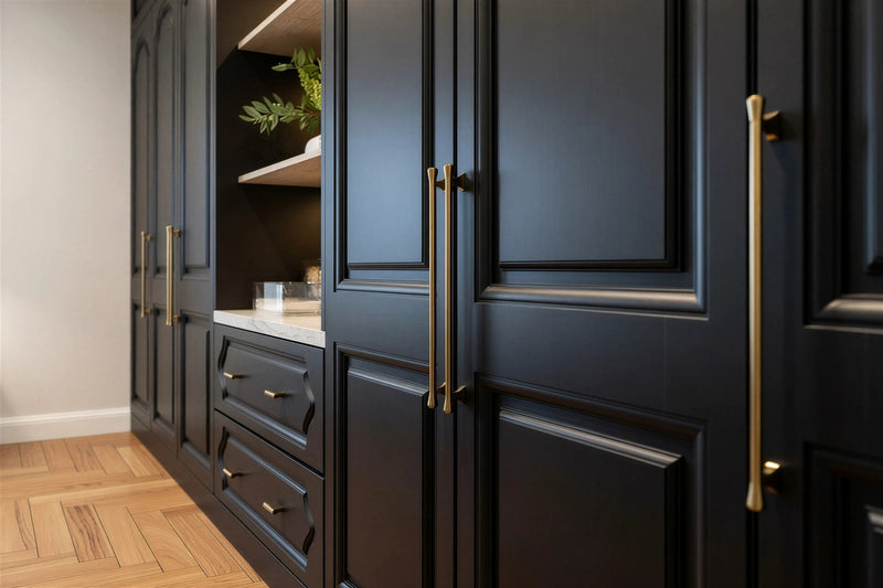 Black Annabelle wardrobe doors close up — raised panels, brass bar pulls, shaped drawer fronts