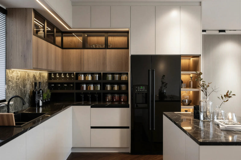 Blackheath Slab Island Kitchen in London: matt white slab base units with oak wall units, a black marble island and splashback, and a black fridge-freezer; the oak wall units, lit open shelving and black fridge-freezer. Made to measure by Metro Home Interiors