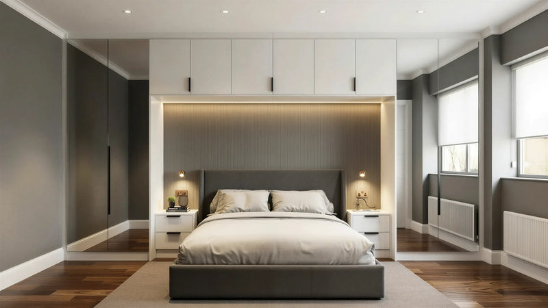 Blenheim over-bed wardrobe in London with a full-height mirrored door on the left tower, white bridge and lit slatted headboard panel. Made to measure by Metro Home Interiors