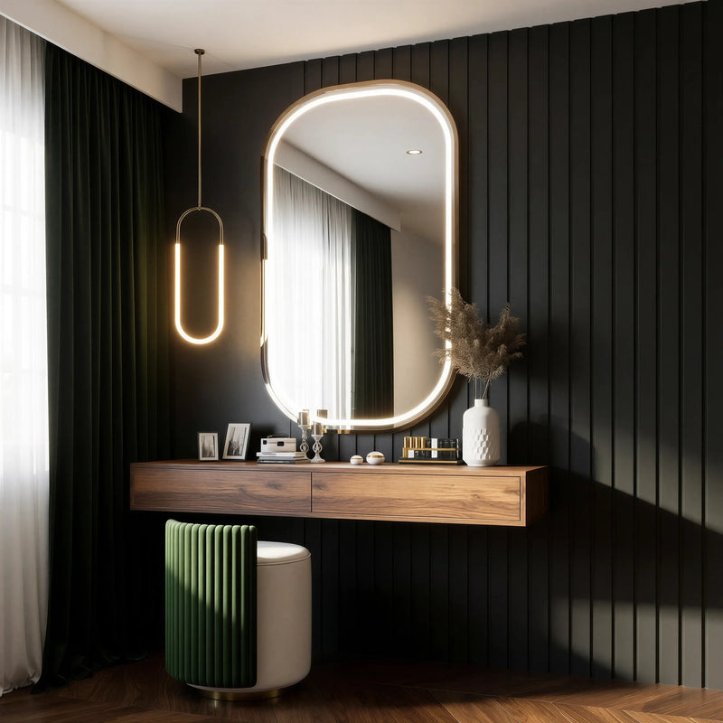 Cadogan floating dressing table in London seen from the window: the walnut table, lit mirror and pendant on the dark panelled wall with a green fluted stool beneath. Made to measure by Metro Home Interiors