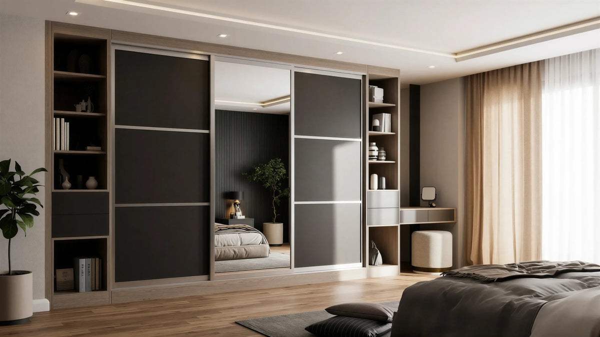 Cambridge Glass and Mirror Sliding Wardrobe in London, Layout 1 door layout: charcoal panels with smoked glass and mirror sections, champagne profiles and oak open shelving, made to measure by Metro Home Interiors