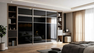 Cambridge Glass and Mirror Sliding Wardrobe in London, Layout 10 door layout: charcoal panels with smoked glass and mirror sections, champagne profiles and oak open shelving, made to measure by Metro Home Interiors