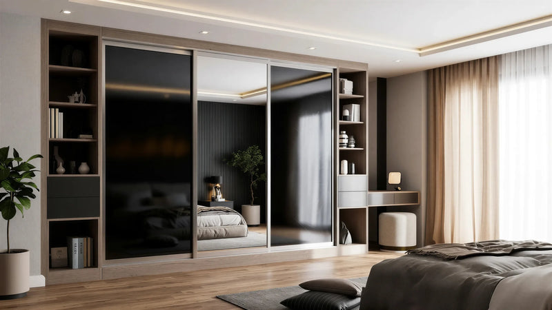 Cambridge Glass and Mirror Sliding Wardrobe in London, Layout 2 door layout: charcoal panels with smoked glass and mirror sections, champagne profiles and oak open shelving, made to measure by Metro Home Interiors