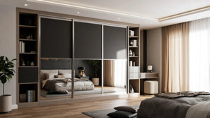 Cambridge Glass and Mirror Sliding Wardrobe in London, Layout 3 door layout: charcoal panels with smoked glass and mirror sections, champagne profiles and oak open shelving, made to measure by Metro Home Interiors