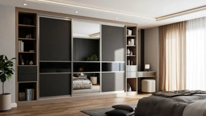 Cambridge Glass and Mirror Sliding Wardrobe in London, Layout 7 door layout: charcoal panels with smoked glass and mirror sections, champagne profiles and oak open shelving, made to measure by Metro Home Interiors