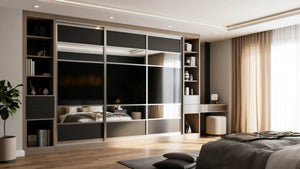 Cambridge Glass and Mirror Sliding Wardrobe in London, Layout 8 door layout: charcoal panels with smoked glass and mirror sections, champagne profiles and oak open shelving, made to measure by Metro Home Interiors