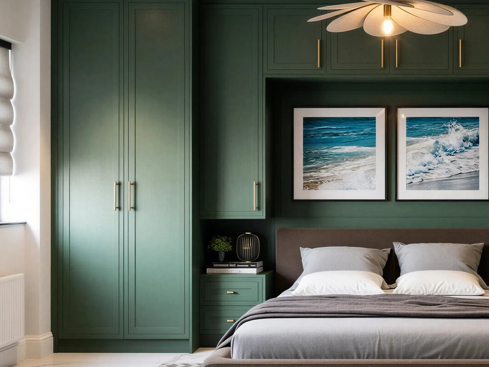 Campbell door detail: forest green painted solid ash Campbell plain shaker doors with brass bar handles, on a made-to-measure fitted wardrobe in London by Metro Home Interiors