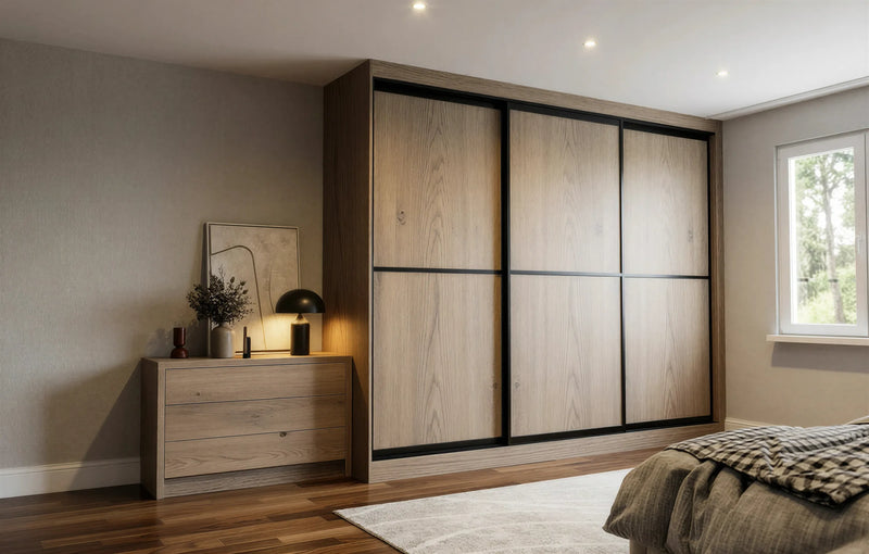 Canterbury Woodgrain Sliding Wardrobe in London, Equal 2 door layout: light oak woodgrain doors with black profiles and mirror options, made to measure by Metro Home Interiors