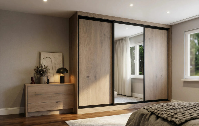 Canterbury Woodgrain Sliding Wardrobe in London, Full Panel door layout: light oak woodgrain doors with black profiles and mirror options, made to measure by Metro Home Interiors