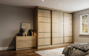 Canterbury Woodgrain Sliding Wardrobe in London, Two 300 door layout: light oak woodgrain doors with black profiles and mirror options, made to measure by Metro Home Interiors