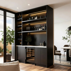 Carlton Bar Unit in London: a charcoal handleless home bar with a white marble worktop, lit shelving, glazed cabinets and a wine cooler; the full-height charcoal bar with a lit glazed cabinet from the terrace doors. Made to measure by Metro Home Interiors