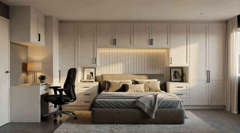 Chartwell Over-Bed Wardrobe London featuring beige Shaker doors, overhead bridging cabinets, integrated bedside units, fitted desk and bespoke bedroom storage by Metro Home Interiors.