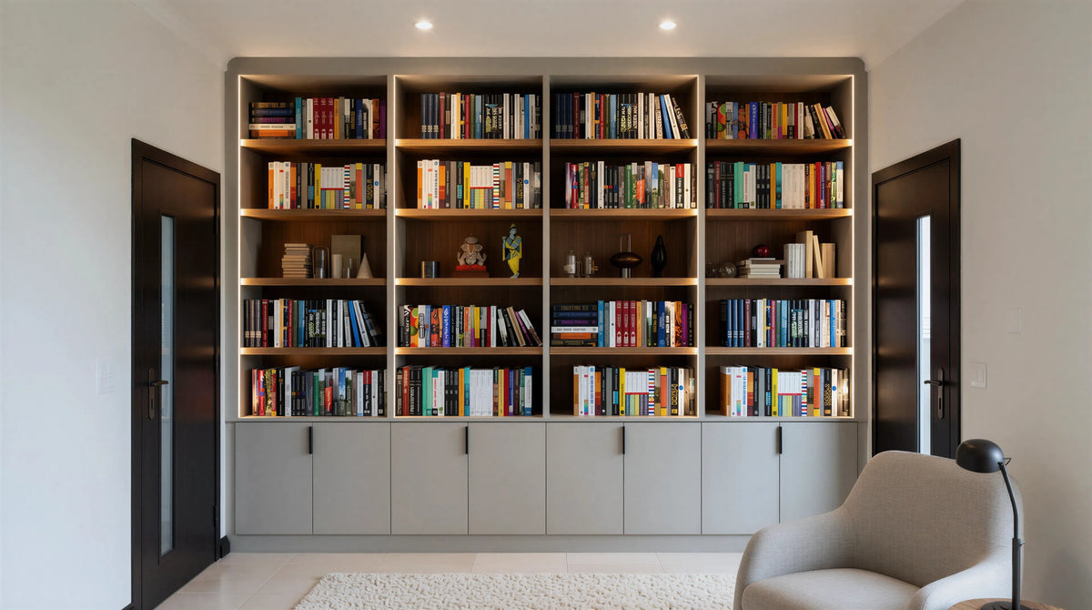 Chesterfield Home Office in Light Grey U708 ST9 featuring fitted desk, slab door cabinets, profile handles and bespoke made-to-measure home office furniture by Metro Home Interiors.