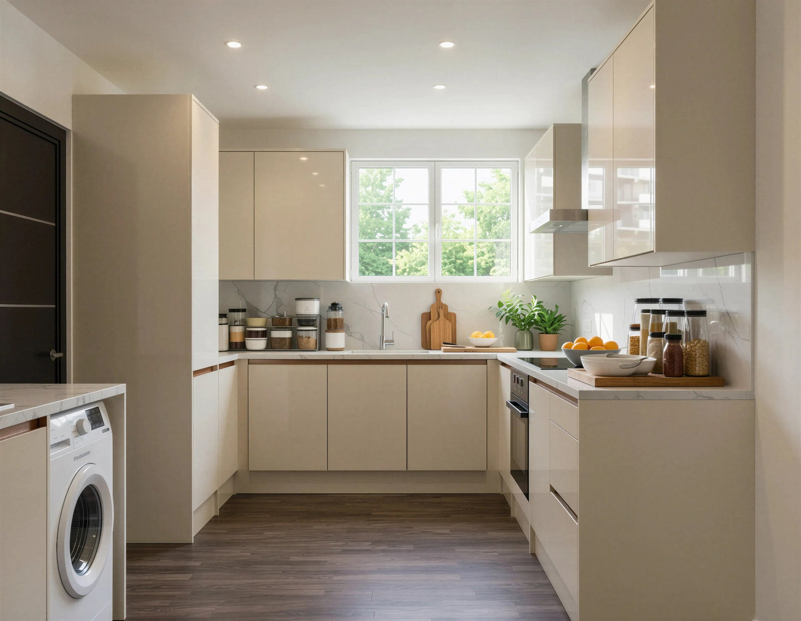 Chiswick cream high-gloss handleless U-shaped kitchen with a marble splashback, a window over the sink and integrated appliances, London