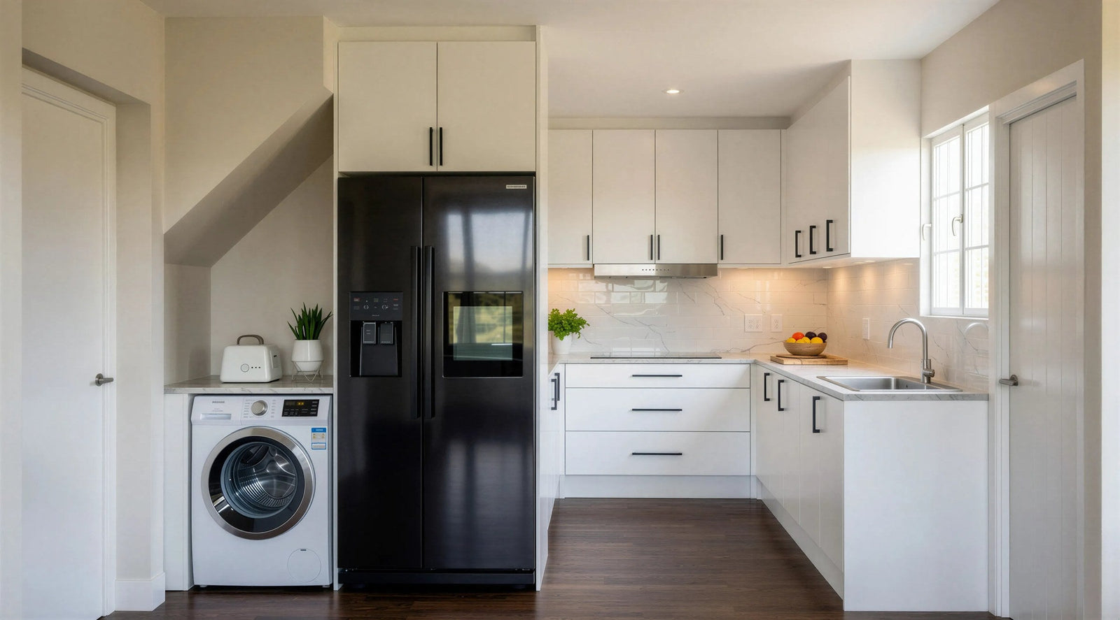 Clapham compact white shaker U-shaped kitchen with black bar handles, a black fridge-freezer, marble splashback and a washing machine, London