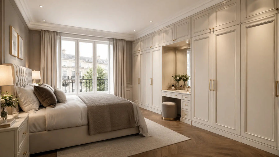 Luxury London bedroom with classic ivory shaker fitted wardrobes, brass handles, and elegant traditional detailing.