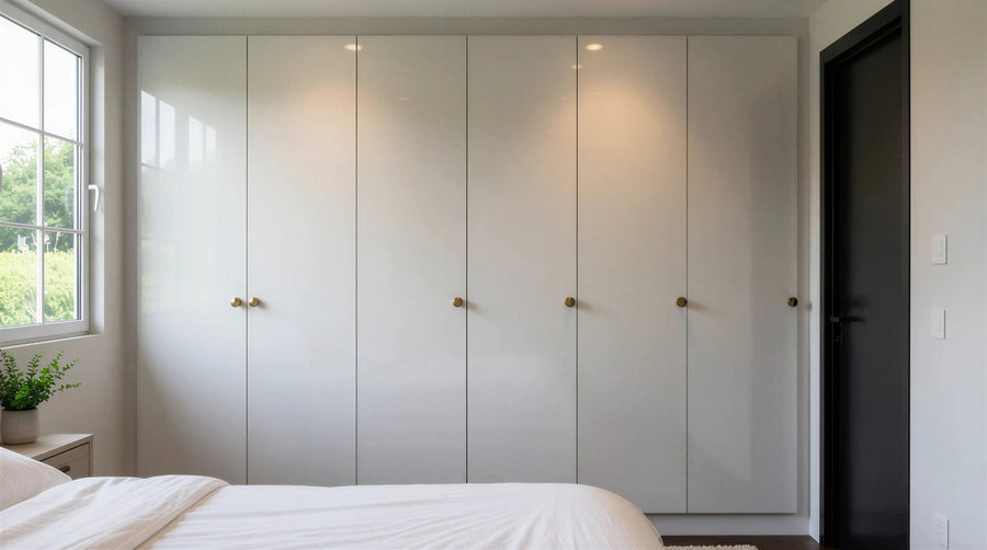 White high-gloss handleless wardrobes beside a bed with a black door
