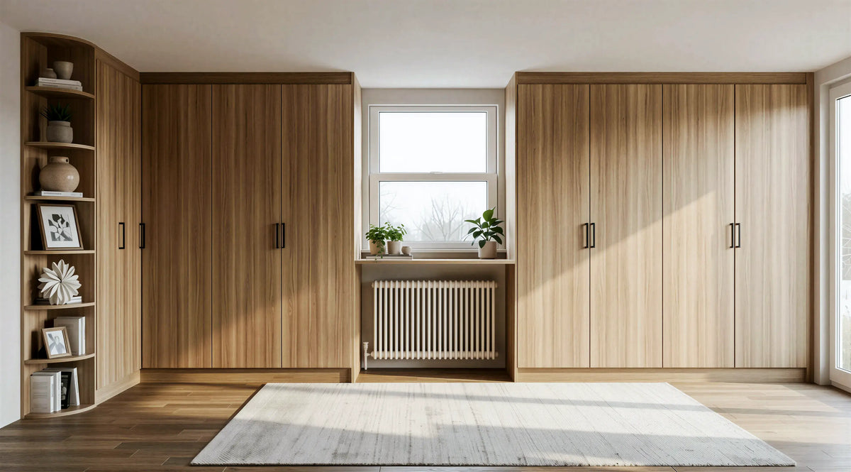 Daphne Hinged Wardrobe in Natural Pacific Walnut with flush slab doors, black slim bar handles, matching woodgrain interior and soft-close hinges by Metro Home Interiors in London.