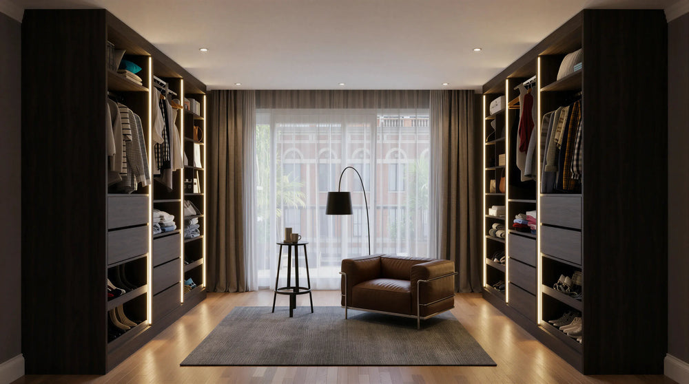 Westbury Walk-In Wardrobe in Cashmere Matt with open shelving, soft-close drawers, integrated warm white LED lighting and bespoke fitted storage by Metro Home Interiors in London.