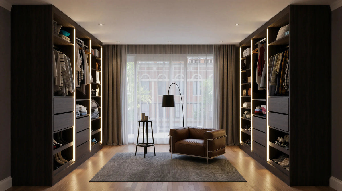Westbury Walk-In Wardrobe in Cashmere Matt with open shelving, soft-close drawers, integrated warm white LED lighting and bespoke fitted storage by Metro Home Interiors in London.