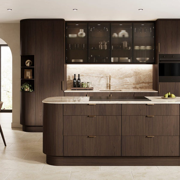 Cutler flat slab door in Marone Casella Oak woodgrain, shown fitted in a room wardrobe door