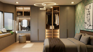 Genevieve fitted bedroom furniture in London: taupe wardrobes with glazed display doors, lit shelving, a round-mirror dressing table and a window seat; the wardrobe open to lit hanging and drawers beside the dressing mirror. Made to measure by Metro Home Interiors