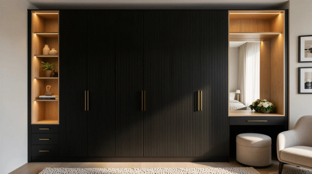 Georgiana Hinged Wardrobe in Black with MDF Ella OS flush slab doors, chrome handles, Cotta Cremona Oak interior and soft-close hinges by Metro Home Interiors in London.