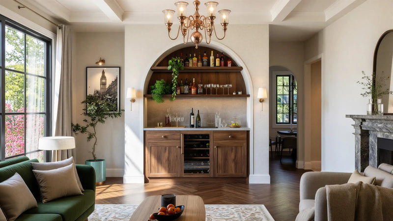 Grosvenor Bar Unit in London: a walnut home bar built into an arched alcove with lit shelving, a wine cooler and a marble splashback; the same arched bar with a painted back panel behind the lit shelving. Made to measure by Metro Home Interiors