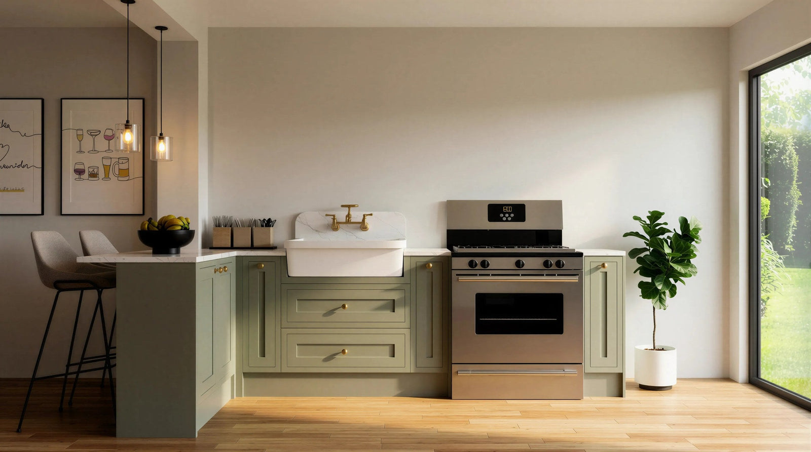 Hampstead sage green shaker kitchen with brass cup handles, a ceramic butler sink and a range cooker, London
