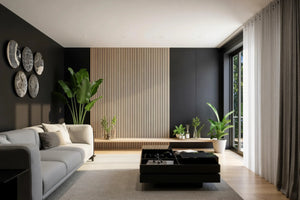 Hertford oak slatted TV wall panel in London shown without the television: the pale oak slat panel and floating shelf on the charcoal wall, read as a feature wall. Made to measure by Metro Home Interiors