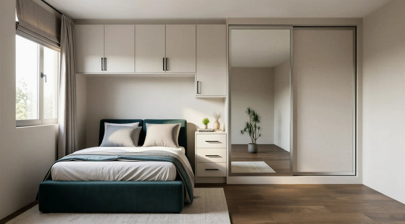 Hever Over-Bed Wardrobe in U708 ST9 Light Grey with slab doors, slim black bar handles, concealed soft-close hinges and bespoke fitted bedroom storage by Metro Home Interiors in London.