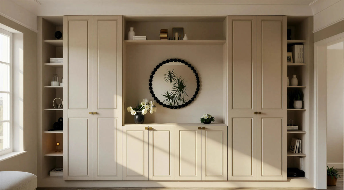 Holland Park Shaker Media Wardrobe with cashmere shaker doors, integrated open media unit, display shelving, slim brass bar handles and bespoke fitted storage by Metro Home Interiors in London.