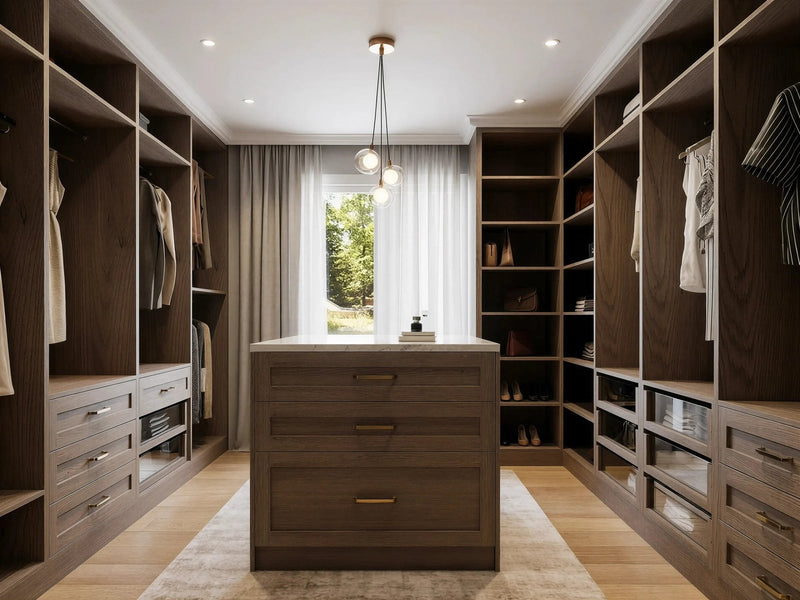 Walk-in wardrobes: the Onslow dark oak dressing room with a stone-topped island