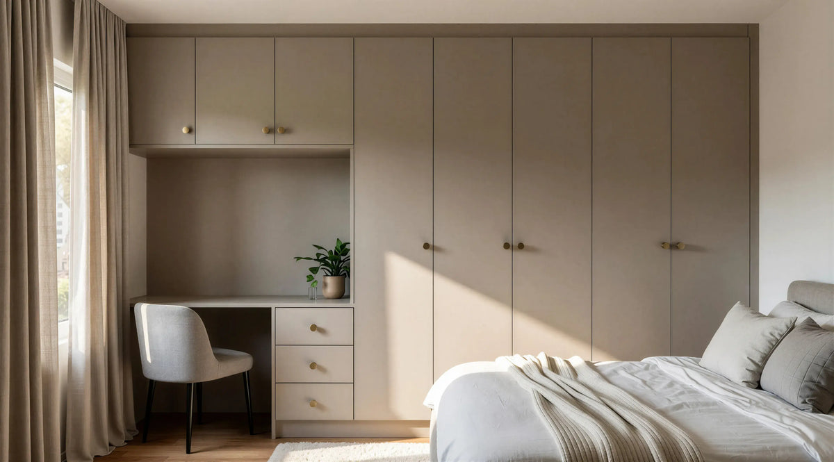 Josephine Hinged Wardrobe in Cashmere Grey with an integrated study desk, brushed brass round knobs and bespoke fitted bedroom storage by Metro Home Interiors in London.