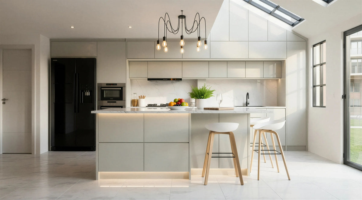 Kensington handleless island kitchen in pale sage with a white quartz island and breakfast bar, wall units under roof lights, London