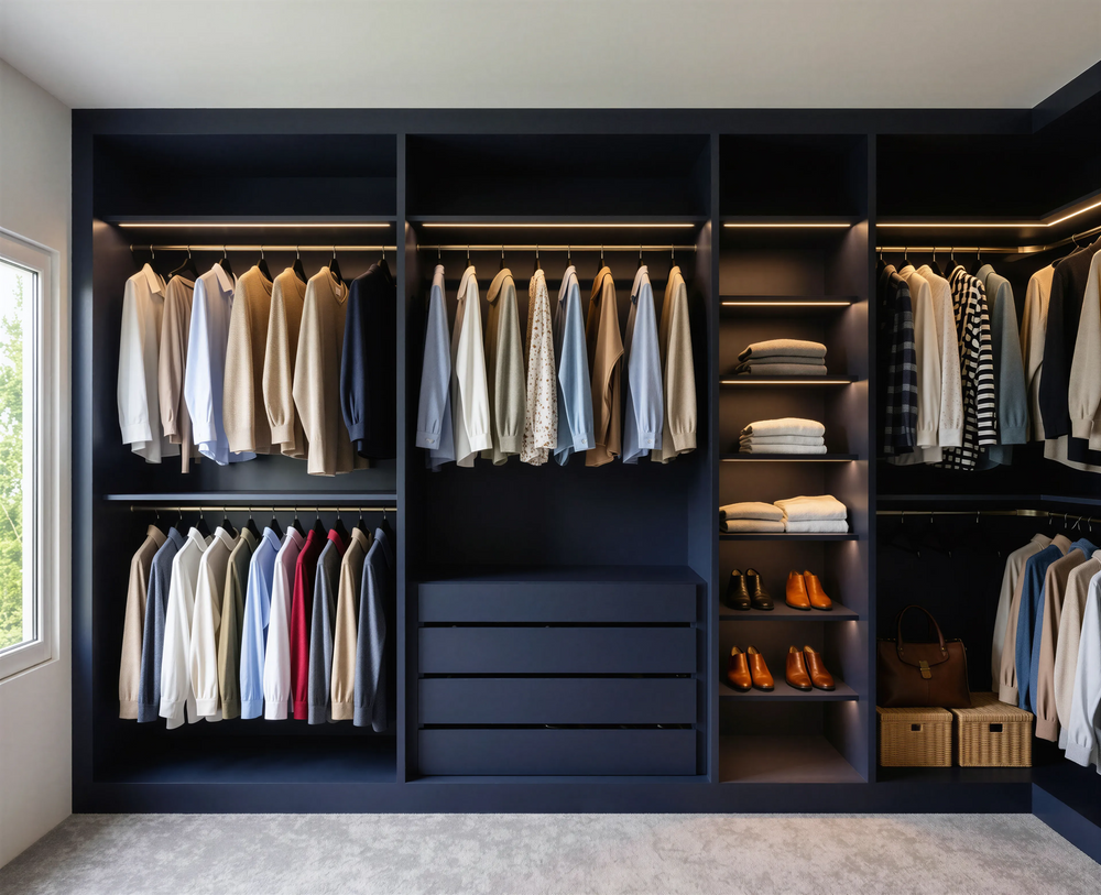 Kingsley Walk-In Wardrobe in Midnight Blue Super Matt with open shelving, soft-close drawers, black aluminium hanging rails and integrated warm white LED strip lighting by Metro Home Interiors in London.